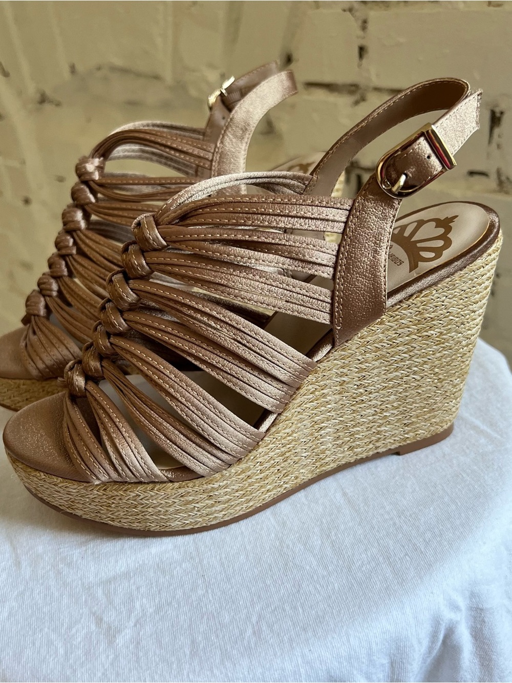 Fergalicious Women's Metallic Champagne Wedge Sandals with Braided Straps